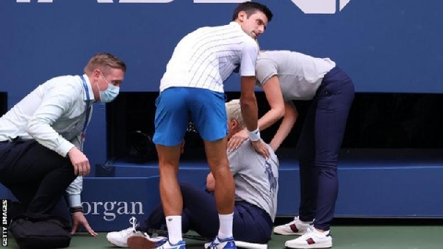 Novak Djokovic checked on the line judge after hitting her with a ball when he was 6-5 down in the first set